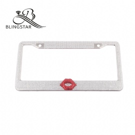 Red Lips Car License Plate Frame Cover for Women Girl Ladies Bling Diamond Sparkle Rhinestone Stainless Steel Metal Chrome with Screws