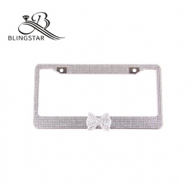 Bow Car License Plate Frame Cover for Women Girl Ladies Bling Diamond Sparkle Rhinestone Stainless Steel Metal Chrome with Screws