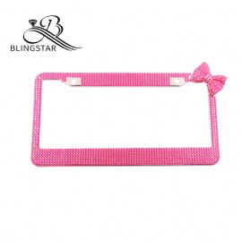 Bow Car License Plate Frame Cover for Women Girl Ladies Bling Diamond Sparkle Rhinestone Stainless Steel Metal Chrome with Screws